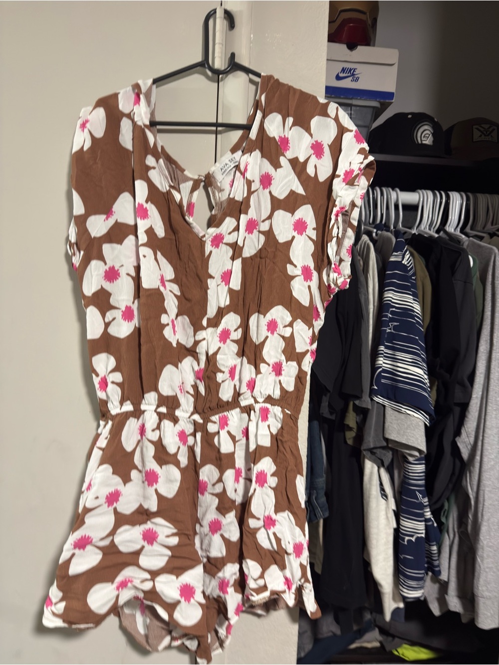 Fighting Eel Brown Floral Romper with White & Pink Accents